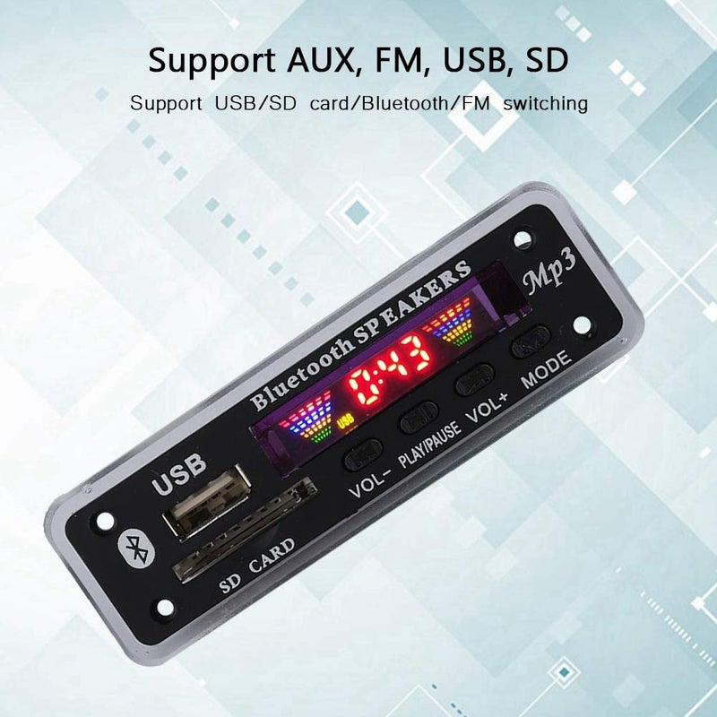 fosa لوحة فك تشفير الصوت بلوتوث 5.0 5V/12V وحدة الصوت USB AUX SD راديو FM فك تشفير بدون فقدان MP3/WMA/WAV/FLAC/APE، شاشة ملونة (أسود) - Image 3